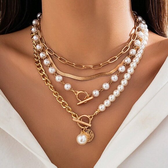 Gold Women's Elegant Chain Necklace With Artificial Pearls Versatile Jewelry - Picture 1 of 4